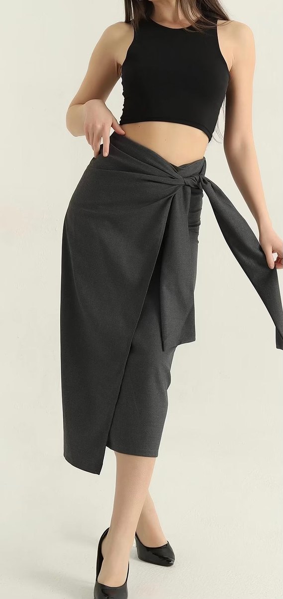 Gri Midi Kalem Etek, Kemer Detaylı Sml beden mevcut - Görsel 2