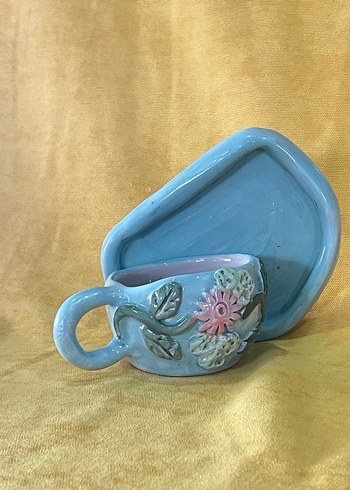 Pastel Mavi Çiçekli Seramik Fincan ve Tabak