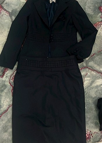 Diğer Koyu lacivert Kemerli Uzun Kollu Kadın Takım Elbise 3 parça