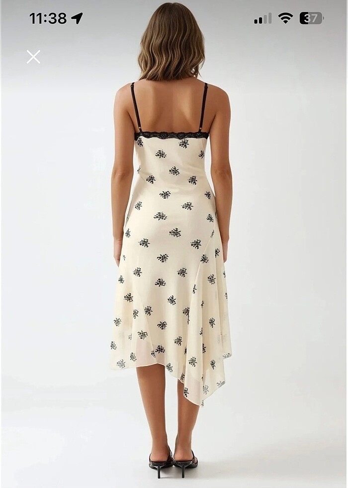 v yaka dantelli asimetrik elbise - Görsel 3