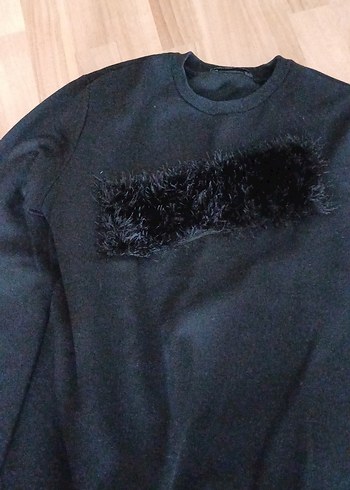 Siyah Kadın Uzun Kollu Tişört Peluş Detaylı - Görsel 2