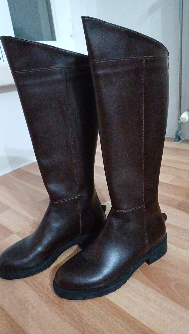 Kahverengi Deri  Diz Boyu Kadın Çizme - Görsel 2