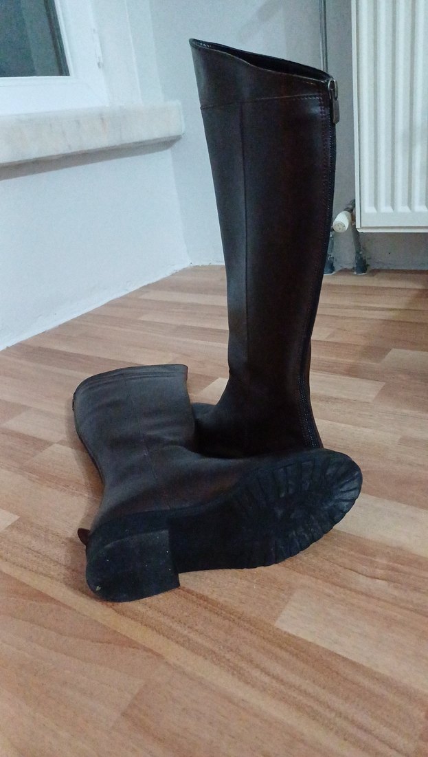 Kahverengi Deri  Diz Boyu Kadın Çizme - Görsel 4