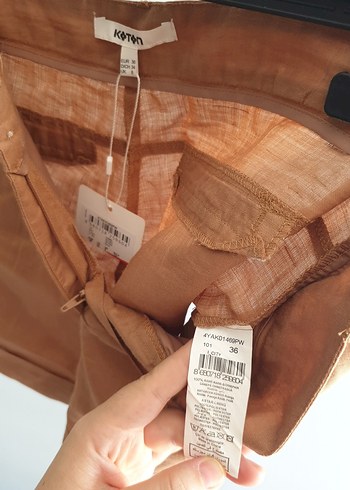 36 Beden camel Renk Bej Keten Mini Şort Rahat Kesim