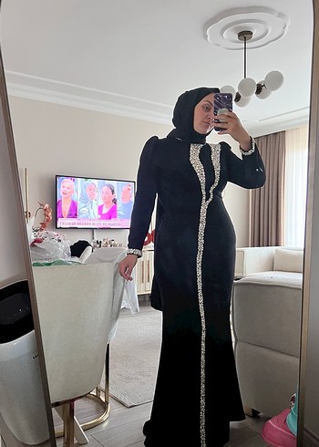 Abiye Siyah Desenli Uzun Kollu Uzun Elbise