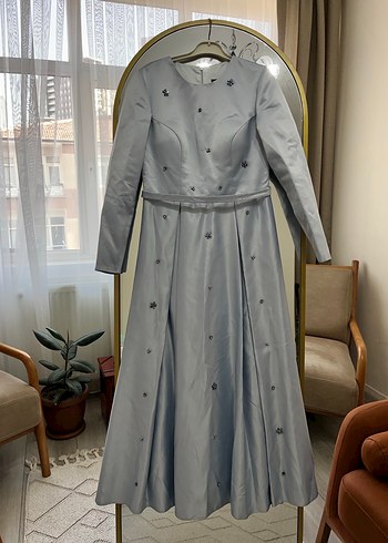 Buz mavisi Tesettür Saten Abiye Dresslove Marka
