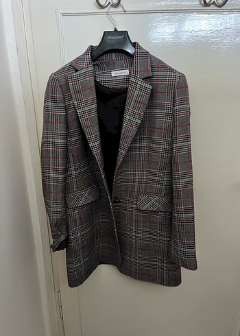 Gri Ekose Desenli Düğmeli Kadın Blazer