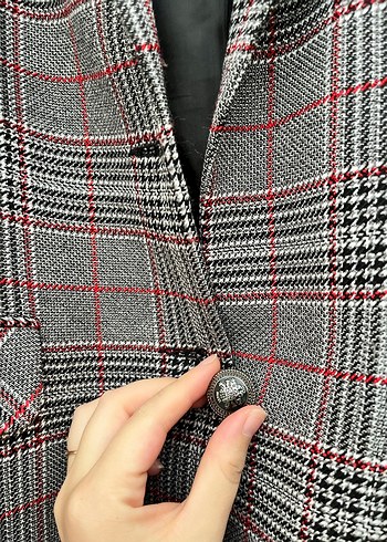 40 Beden gri Renk Gri Ekose Desenli Düğmeli Kadın Blazer