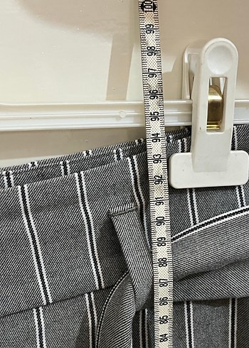 40 Beden Kemerli Gri Çizgili Kadın Kumaş Pantolon