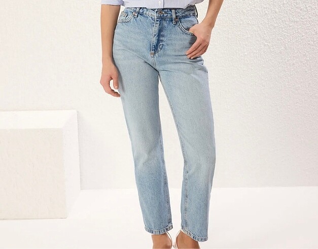 Mavi renk Yüksek Bel Straight Jeans