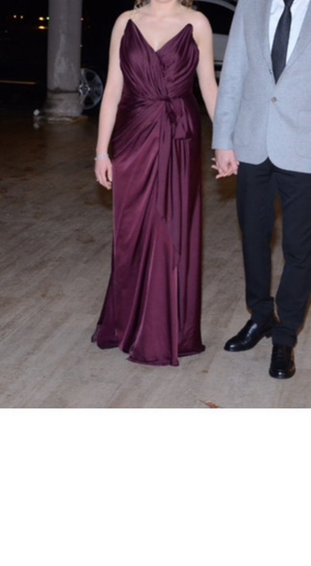 Bordo Drapeli V Yakalı Midi Abiye Elbise - Görsel 4