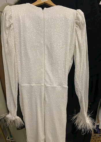 Uzun Kollu Beyaz Mini İşlemeli Abiye Elbise - Görsel 4