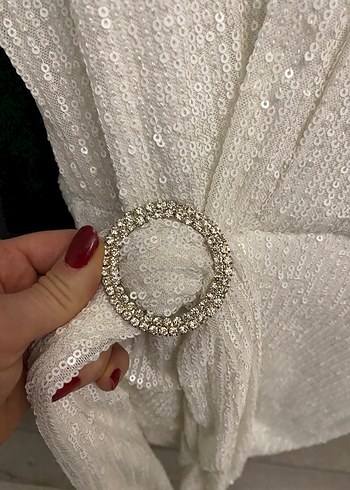 Uzun Kollu Beyaz Mini İşlemeli Abiye Elbise - Görsel 7