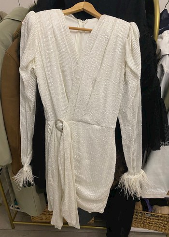 Uzun Kollu Beyaz Mini İşlemeli Abiye Elbise - Görsel 9