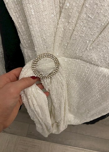 Uzun Kollu Beyaz Mini İşlemeli Abiye Elbise - Görsel 6