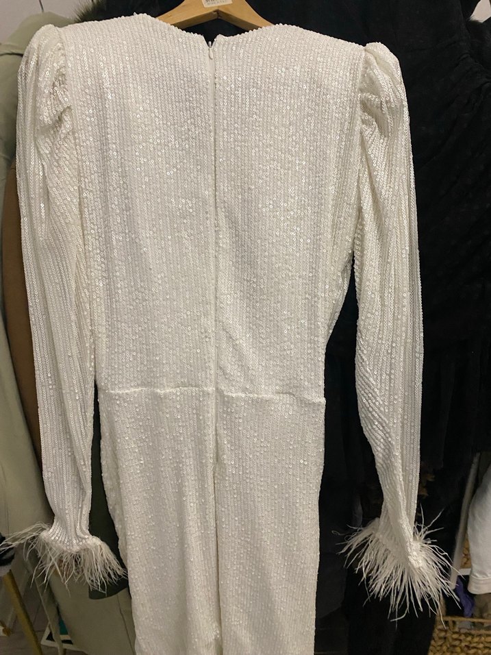 Uzun Kollu Beyaz Mini İşlemeli Abiye Elbise - Görsel 4