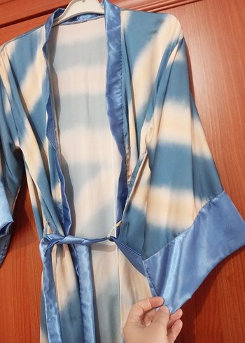 l Beden Mavi Batik Desenli Uzun Kadın Kimono