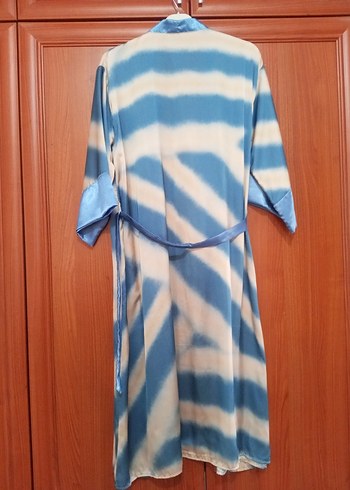 l Beden mavi Renk Mavi Batik Desenli Uzun Kadın Kimono