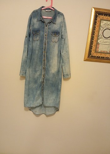 Mavi Pastel Renkli Düğmeli Uzun Denim Ceket - Görsel 9