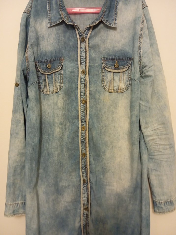 Mavi Pastel Renkli Düğmeli Uzun Denim Ceket - Görsel 4