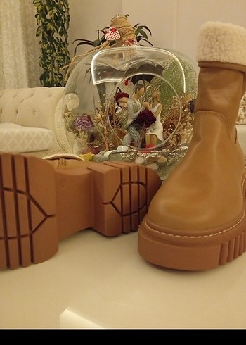 Bej Deri Kürklü Platform Topuklu Kadın Bot - Görsel 5