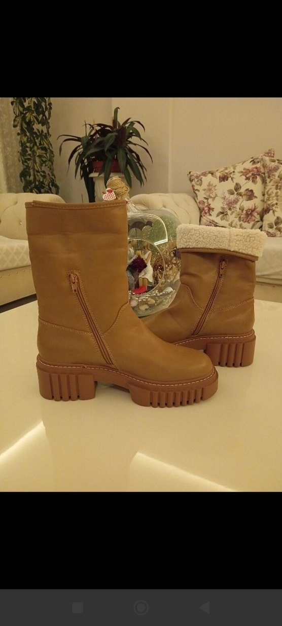 Bej Deri Kürklü Platform Topuklu Kadın Bot - Görsel 2