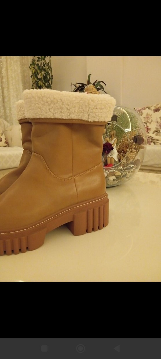 Bej Deri Kürklü Platform Topuklu Kadın Bot - Görsel 4