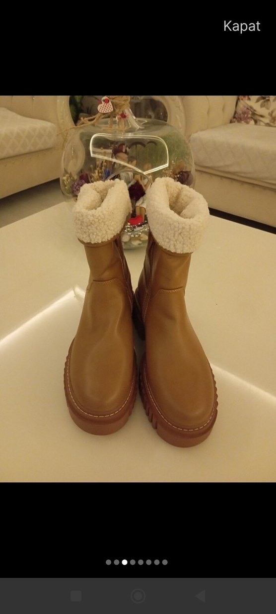 Bej Deri Kürklü Platform Topuklu Kadın Bot - Görsel 3