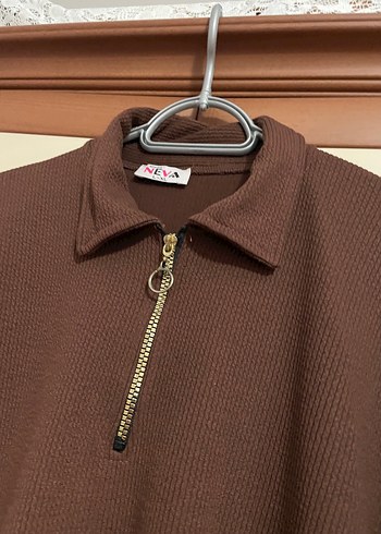 xl Beden kahverengi Renk Fermuarlı Kahverengi Uzun Kollu Tunik