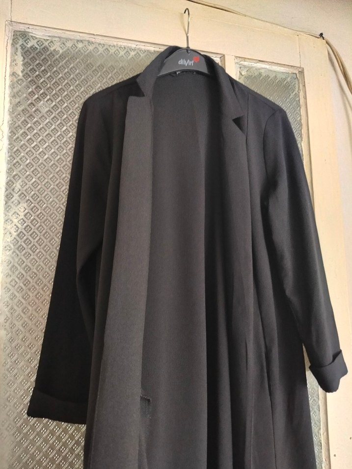 Siyah Uzun Keten Kadın Ofis ceket - Görsel 3