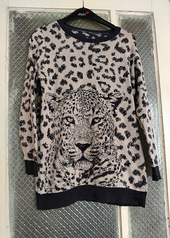 Gri Leopar Desenli Kadın Triko Sweatshirt - Görsel 3