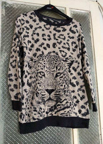Gri Leopar Desenli Kadın Triko Sweatshirt - Görsel 2