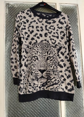 Gri Leopar Desenli Kadın Triko Sweatshirt - Görsel 4