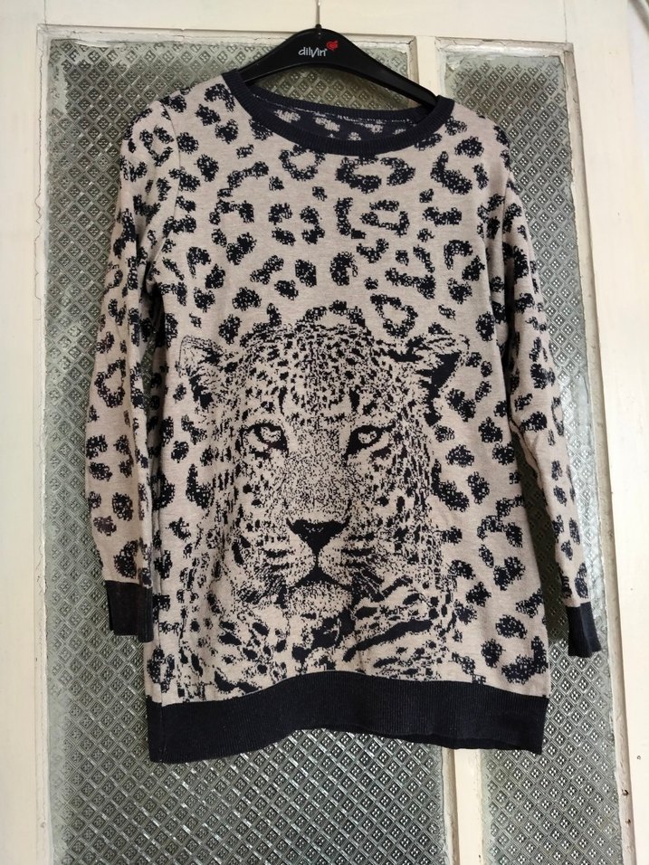 Gri Leopar Desenli Kadın Triko Sweatshirt - Görsel 3