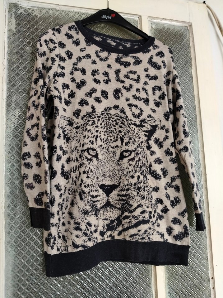 Gri Leopar Desenli Kadın Triko Sweatshirt - Görsel 2