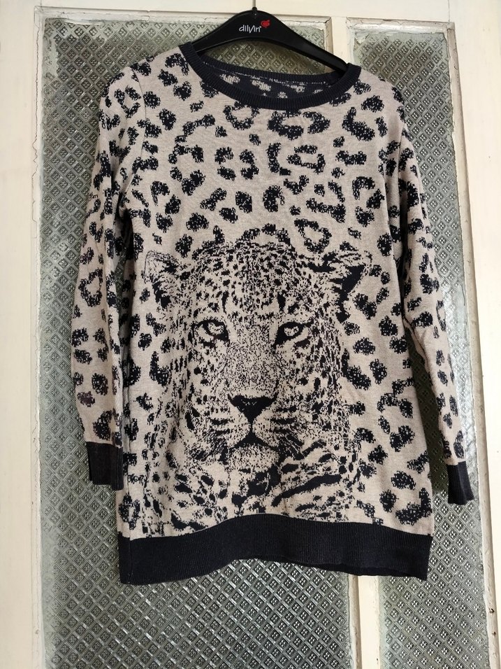 Gri Leopar Desenli Kadın Triko Sweatshirt - Görsel 4