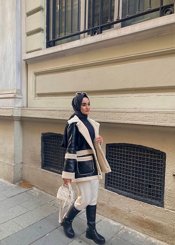 Kürklü Siyah Deri Kadın Kaban - Görsel 2