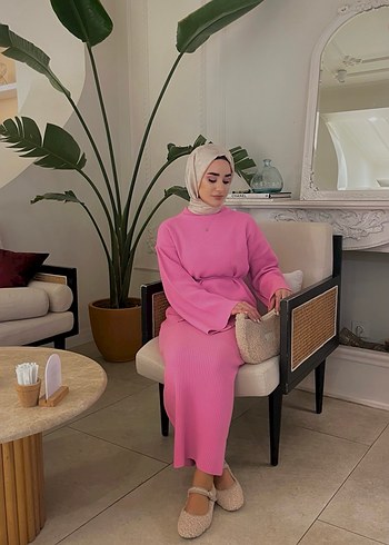 Pembe Uzun Kollu Kadın Triko Elbise - Görsel 2