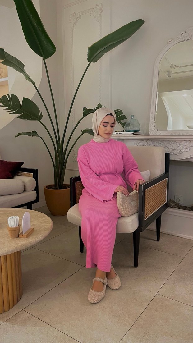 Pembe Uzun Kollu Kadın Triko Elbise - Görsel 2