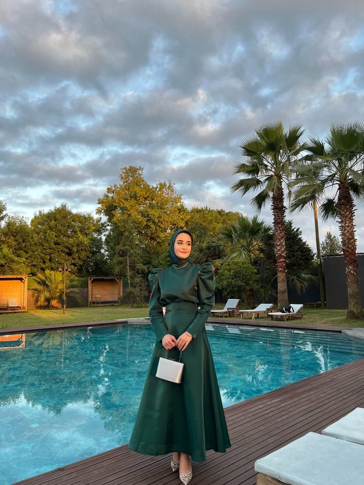 Uzun Kol Drapeli Yeşil Abiye etekli takım - Görsel 2