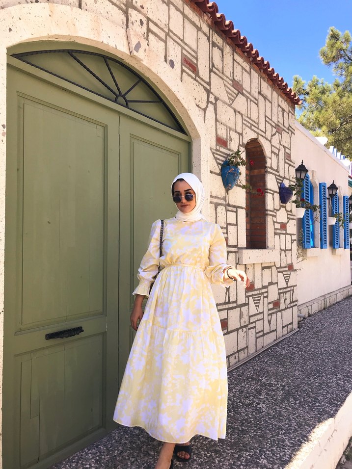 Sarı Bağlama Desenli Uzun Salaş Elbise - Görsel 2