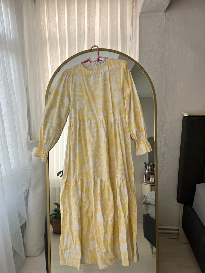 Sarı Bağlama Desenli Uzun Salaş Elbise - Görsel 3