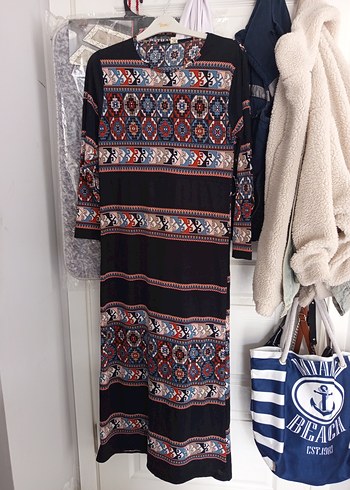 Bohem Desenli Uzun Örme Kadın Elbise - Görsel 3