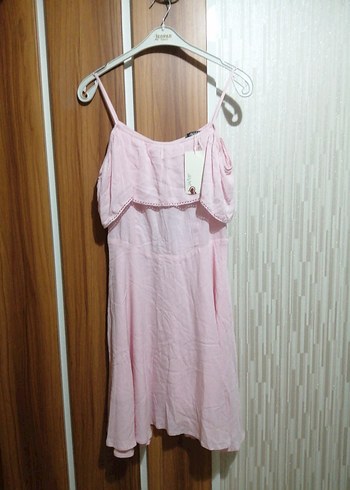 Pembe Midi Keten Elbise, Volan Detaylı, Askılı
