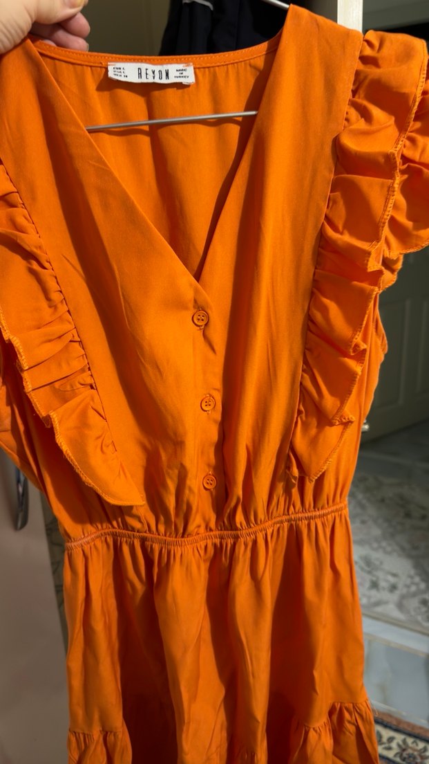 Volanlı Turuncu Midi Bohem Elbise - Görsel 2