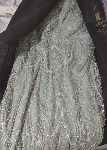 İnci İşlemeli Uzun Kollu Gri Abiye Elbise - Görsel 6