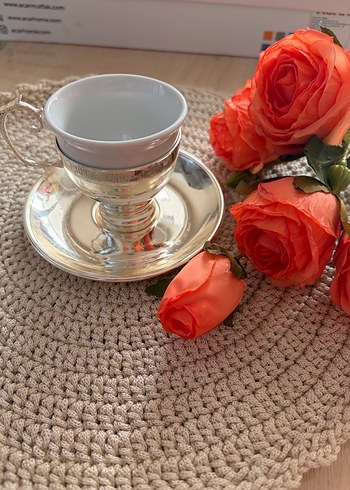 Beyaz Seramik Parlak Gümüş Fincan ve Tabak - Görsel 3