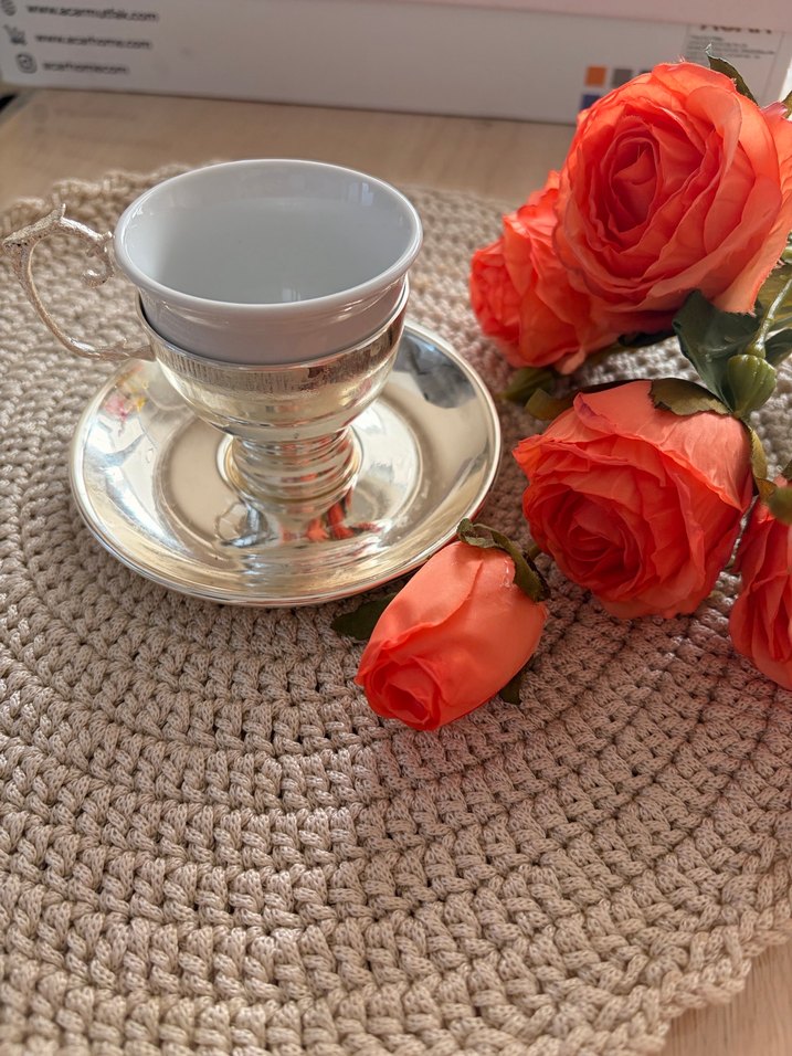 Beyaz Seramik Parlak Gümüş Fincan ve Tabak - Görsel 3