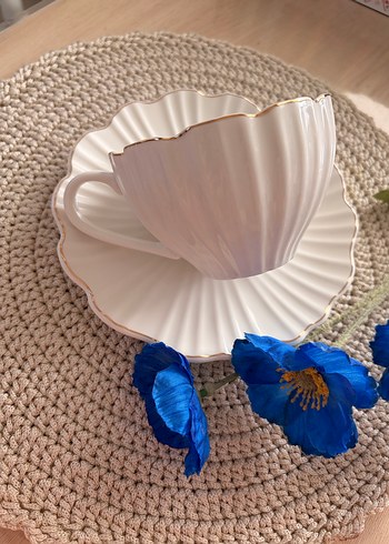 Beyaz Desenli Porselen Fincan ve Tabak - Görsel 2