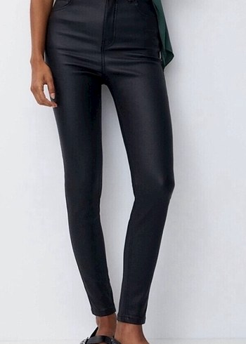 Kemerli Siyah Deri Kadın Skinny Pantolon